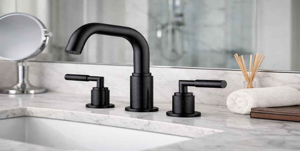 Fontana Laredo widespread luxury basin faucet in black finish, deck mounted three hole configuration
